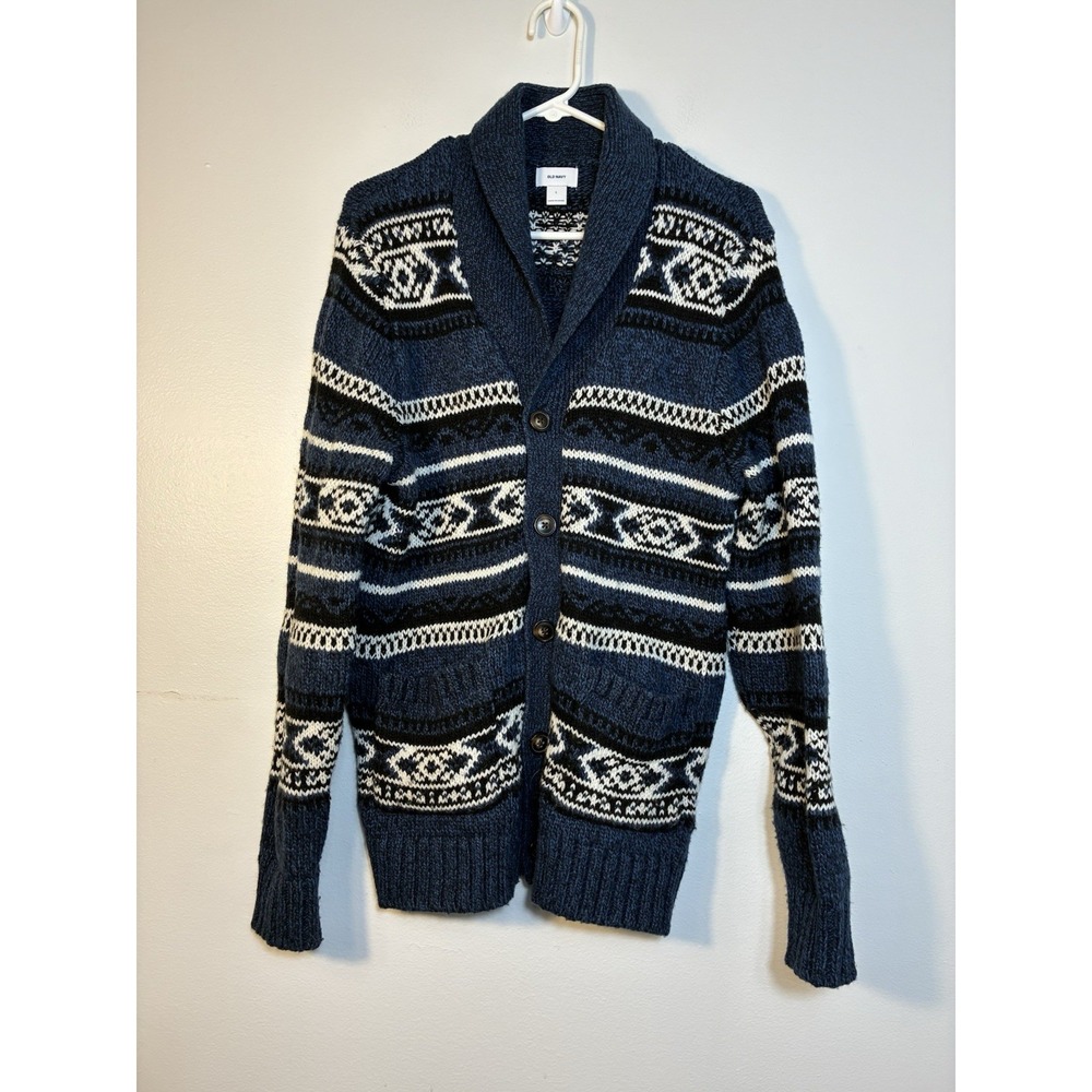 Old Navy fair isle‎ print cardigan Men's Sz Large Blue Preppy Dad Grandpacore
